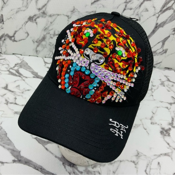 Ed Hardy Tiger Black Multicolor Rhinestone Trucker Hat NWT